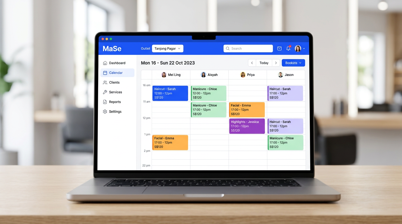 MaSe appointment calendar showing bookings for four stylists at a Tanjong Pagar outlet