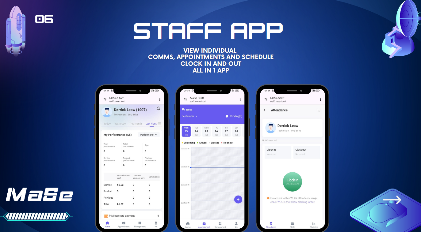 Three screens of the MaSe Staff app: a technician performance and commission summary, a weekly appointment calendar, and the attendance clock-in screen
