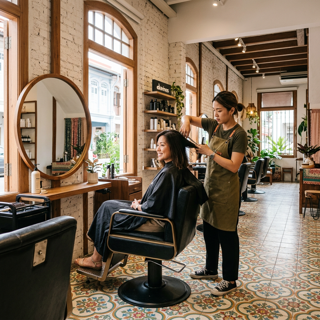 Stylist cutting hair in a shophouse salon with Peranakan floor tiles